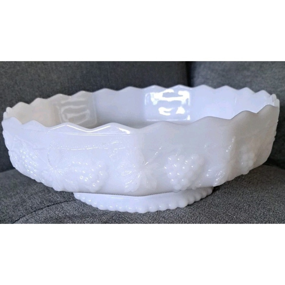 Vintage Anchor Hocking Fire King Milk Glass Grape Vine Pedestal Bowl 10", MCM